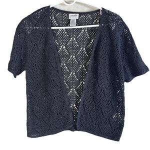 Liz Baker Goth Cottage Black crochet boho short sleeve cardigan sweater Sz P/M